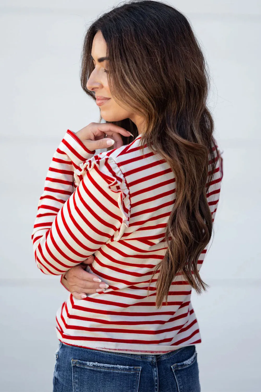 Stripe Round Neck Ruffle Trim Long Sleeve Top sold by Beagle Boutique product image thumbnail 2