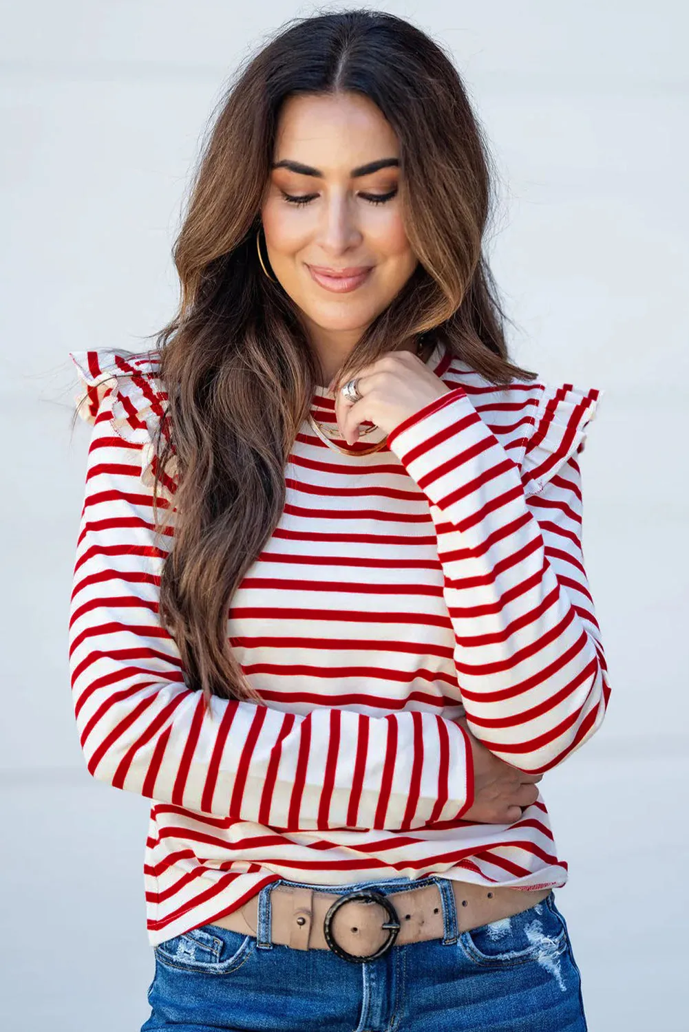 Stripe Round Neck Ruffle Trim Long Sleeve Top sold by Beagle Boutique product image thumbnail 4