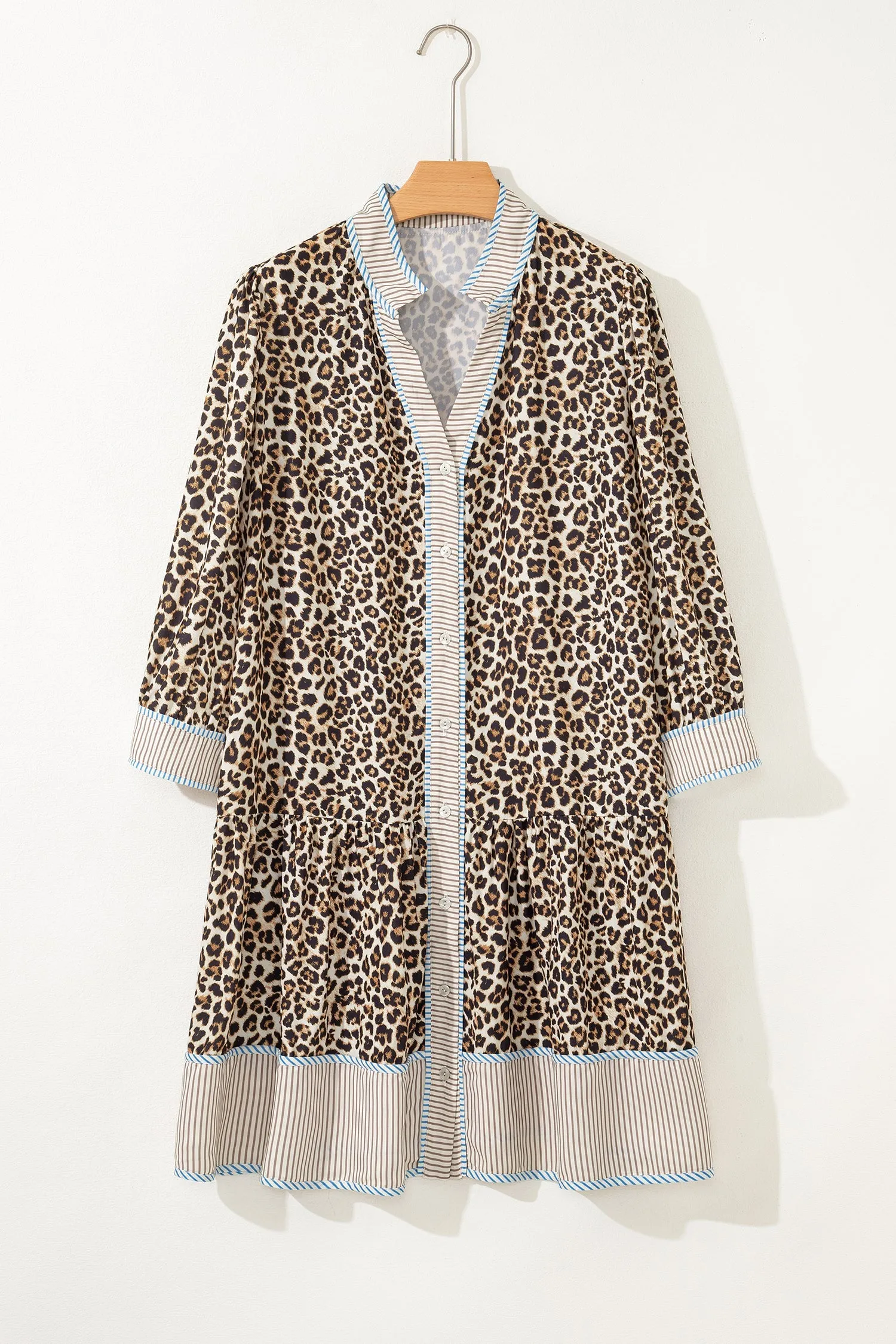 Plus Size Leopard Print Striped Trim V-Neck Drop Waist Long Sleeve Mini Dress sold by Beagle Boutique