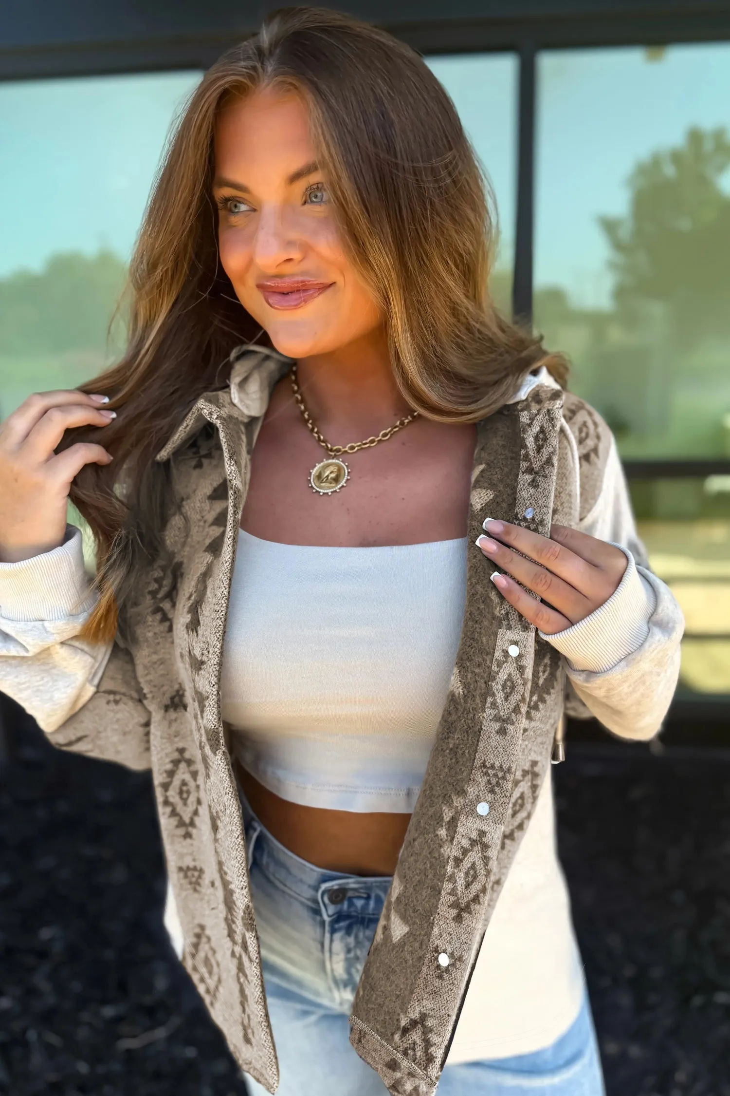 Western Aztec Print Patchwork Drawstring Hooded Shacket sold by Beagle Boutique product image thumbnail 4