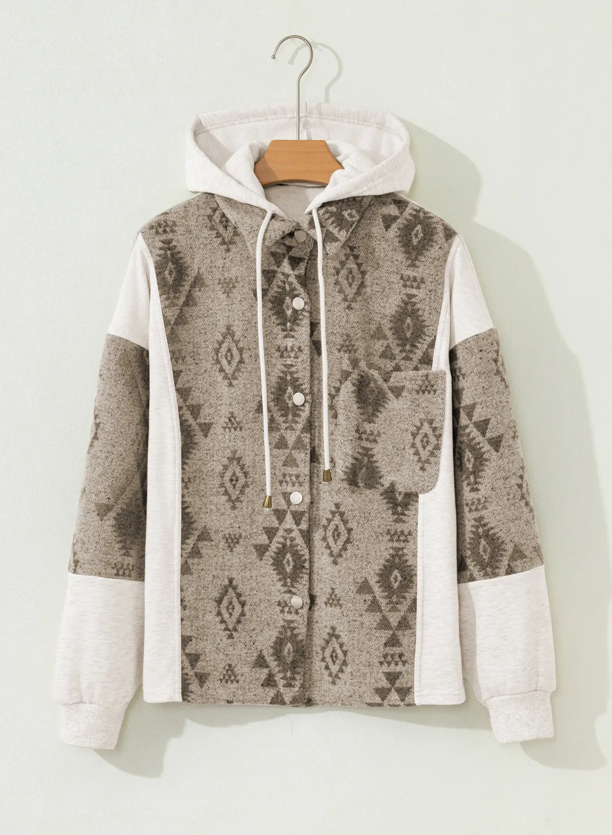 Western Aztec Print Patchwork Drawstring Hooded Shacket sold by Beagle Boutique product image thumbnail 5