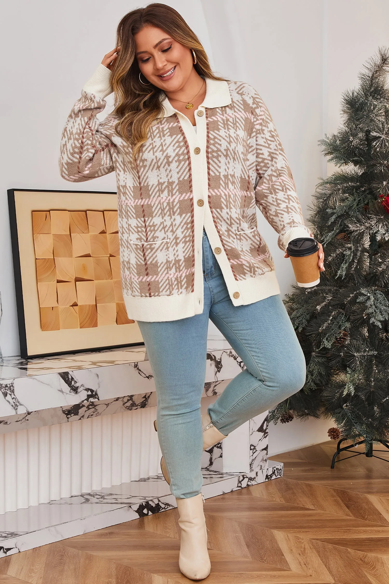 Vintage Pattern Ribbed Trim Button Front Plus Size Cardigan sold by Beagle Boutique product image thumbnail 4