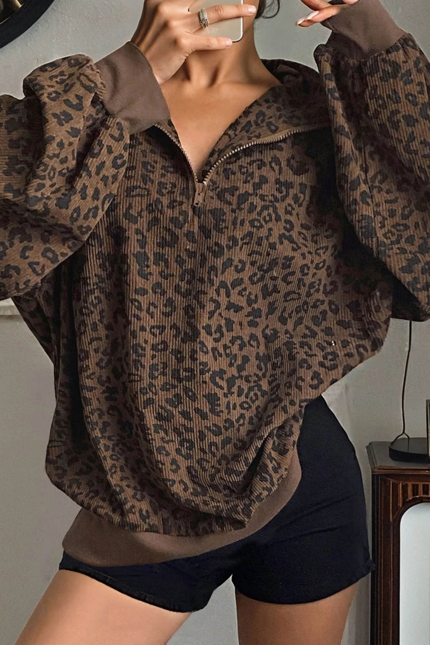 Leopard Print Quarter Zip Soft Corduroy Sweatshirt sold by Beagle Boutique