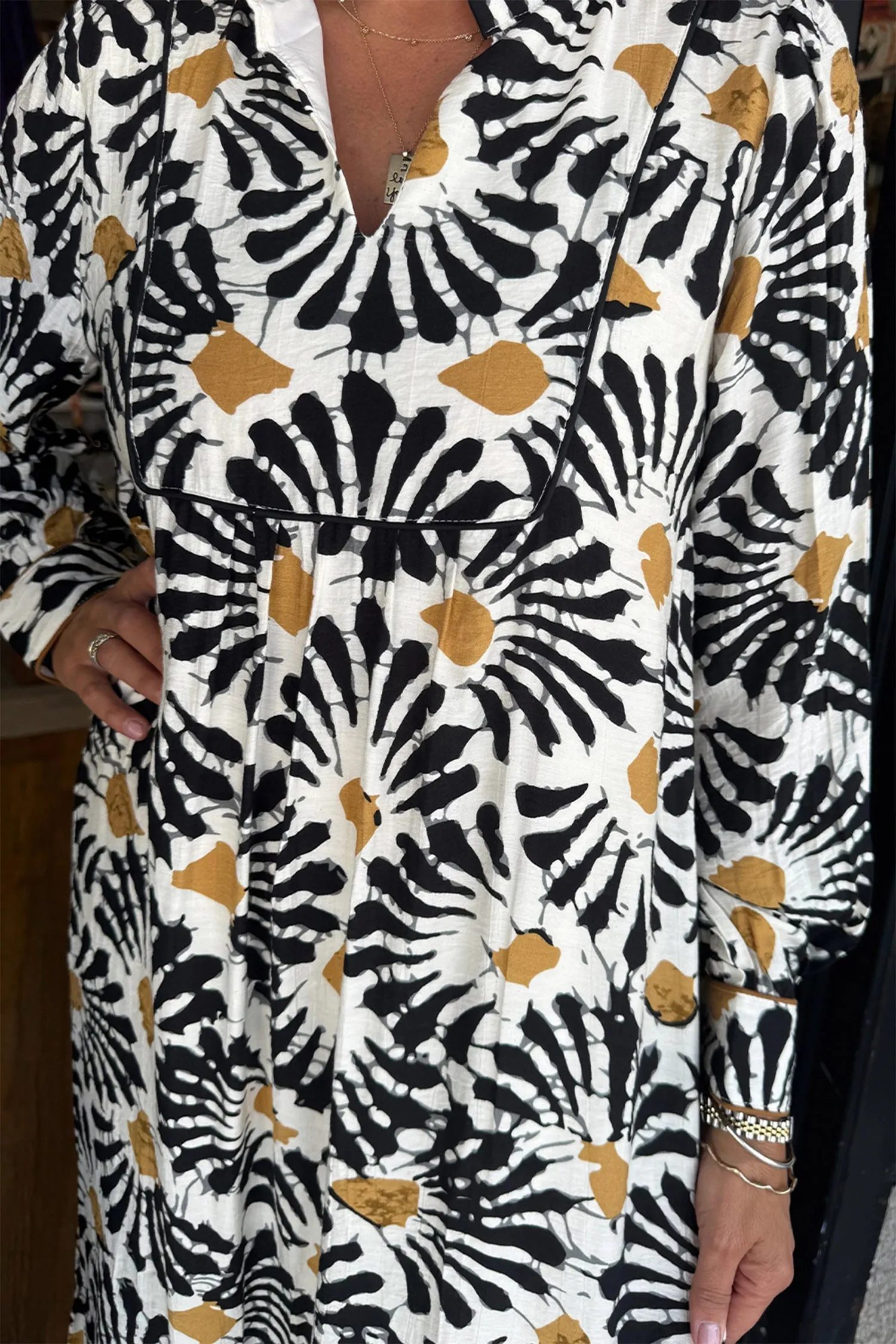 Abstract Floral Print Split V Neck Long Dress with Sleeves sold by Beagle Boutique product image thumbnail 2