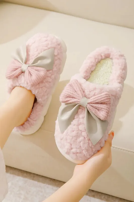Contrast Bow Knot Plush Slippers sold by Beagle Boutique