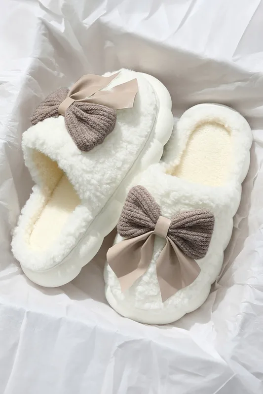 White Contrast Bow Plush Slippers (Bow Colours May Differ by Batch) sold by Beagle Boutique
