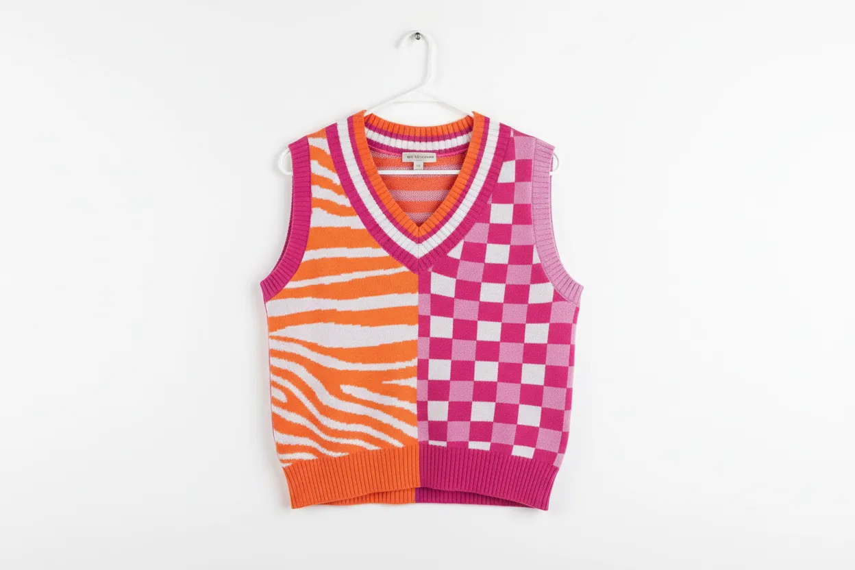 Striped Checkered Contrast Patchwork V-Neck Sweater Vest sold by Beagle Boutique