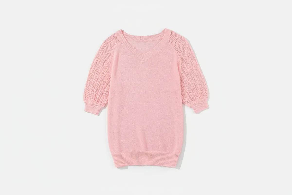 Knit Contrast Hollowed Short Sleeve V-Neck Top sold by Beagle Boutique