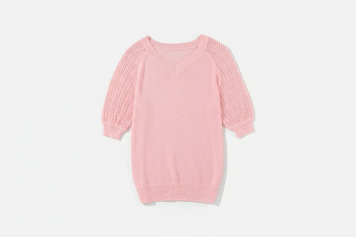 Knit Contrast Hollowed Short Sleeve V-Neck Top sold by Beagle Boutique