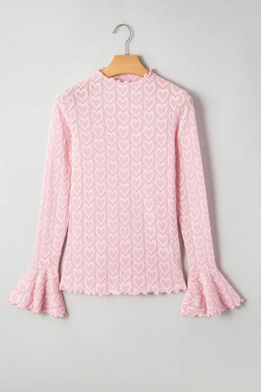 Gossamer Pink Heart Jacquard Flare Sleeve Mock Neck Fitted Top sold by Beagle Boutique