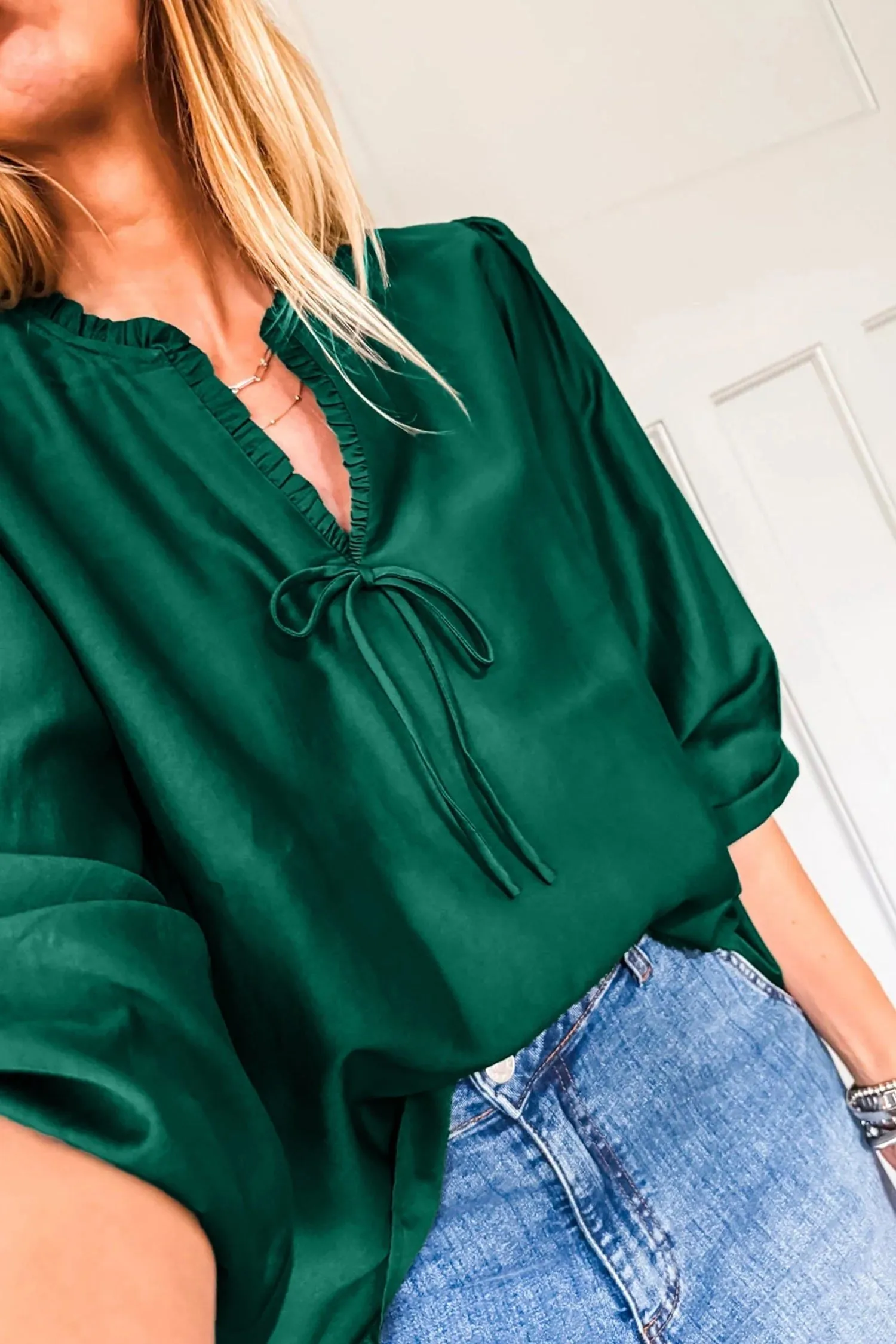 Frilled V-Neck Bow Detail 3/4 Sleeve Blouse sold by Beagle Boutique product image thumbnail 4