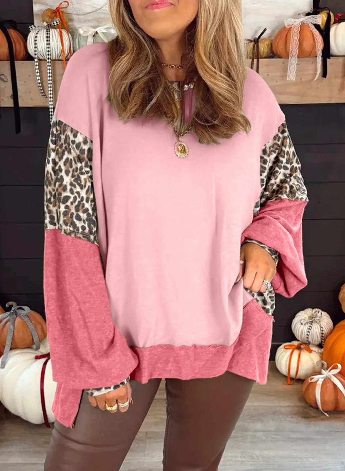 Colour Block Leopard Patchwork Dolman Sleeve High Low Baggy Sweatshirt sold by Beagle Boutique product image thumbnail 2
