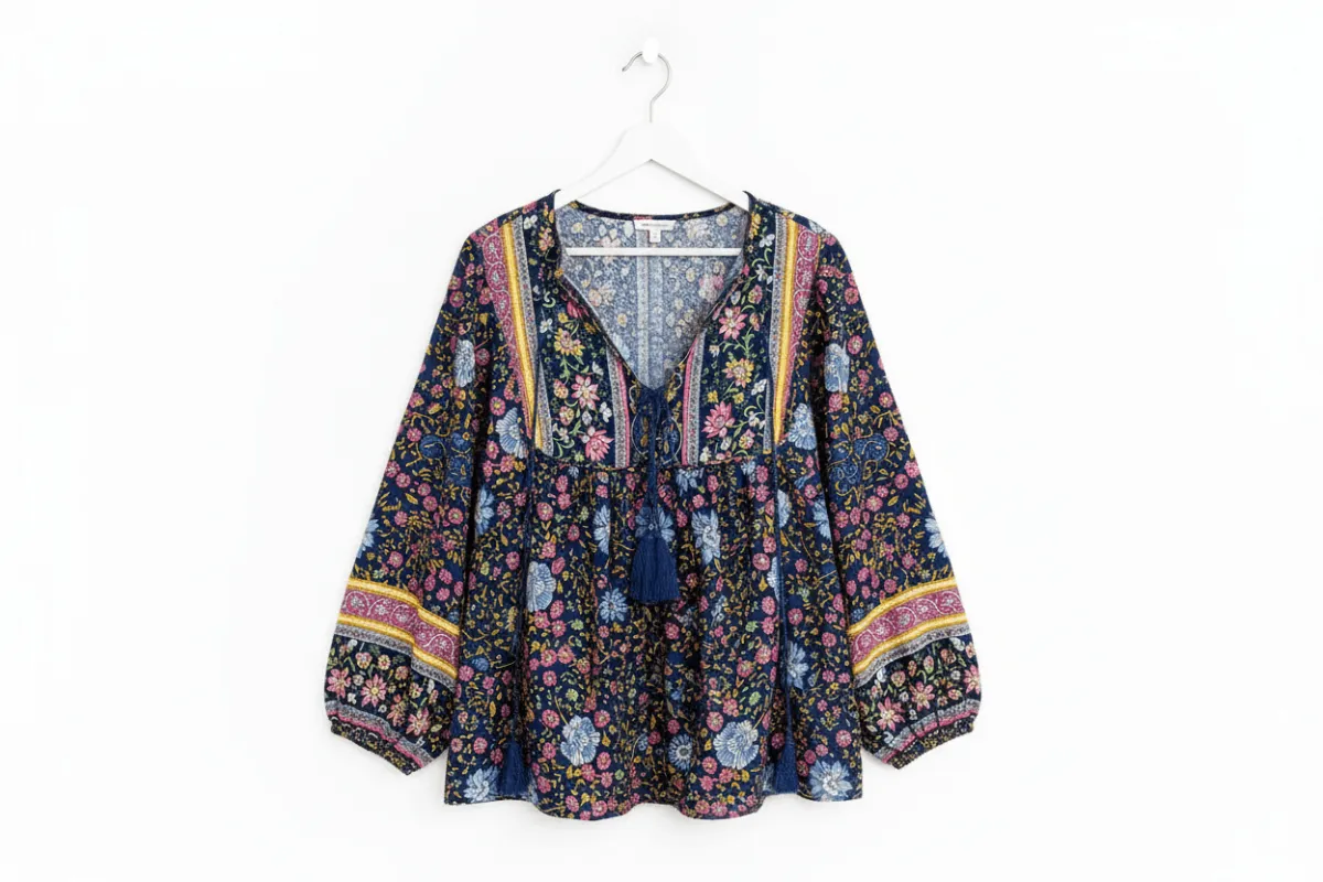 Traditional Print Tassel Tie Front Blouse sold by Beagle Boutique