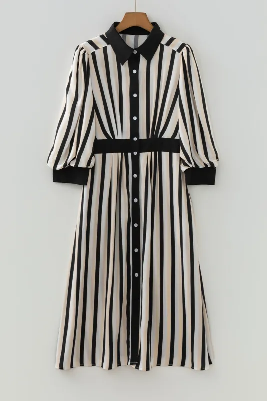 Black Stripe 3/4 Puff Sleeve Shirt Style Button Down Midi Dress sold by Beagle Boutique
