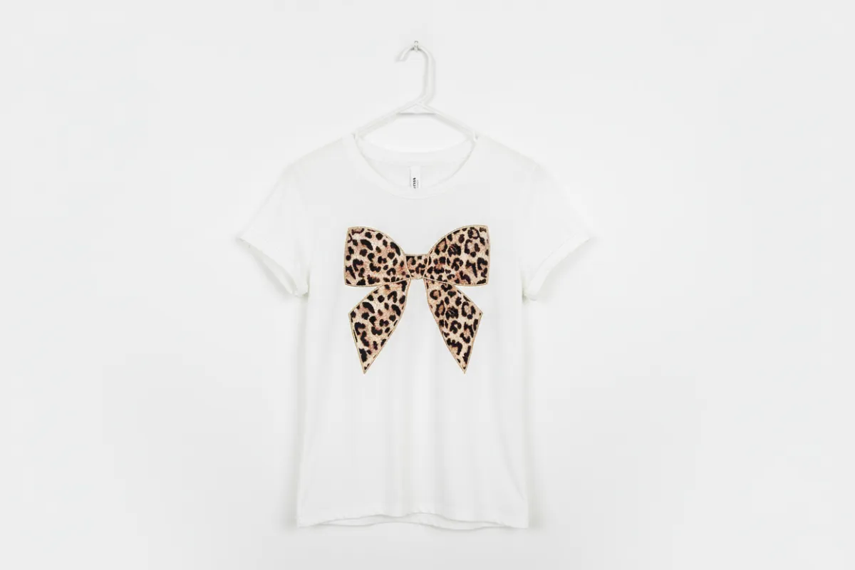 White Leopard Bow Embroidered Cotton Round Neck T-Shirt sold by Beagle Boutique