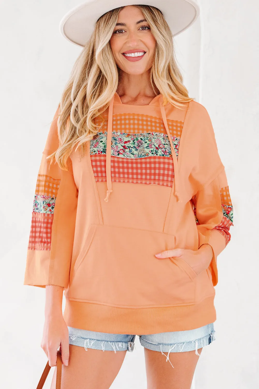 Plaid Floral Patchwork Kangaroo Pocket Hooded Long Sleeve Top sold by Beagle Boutique product image thumbnail 2