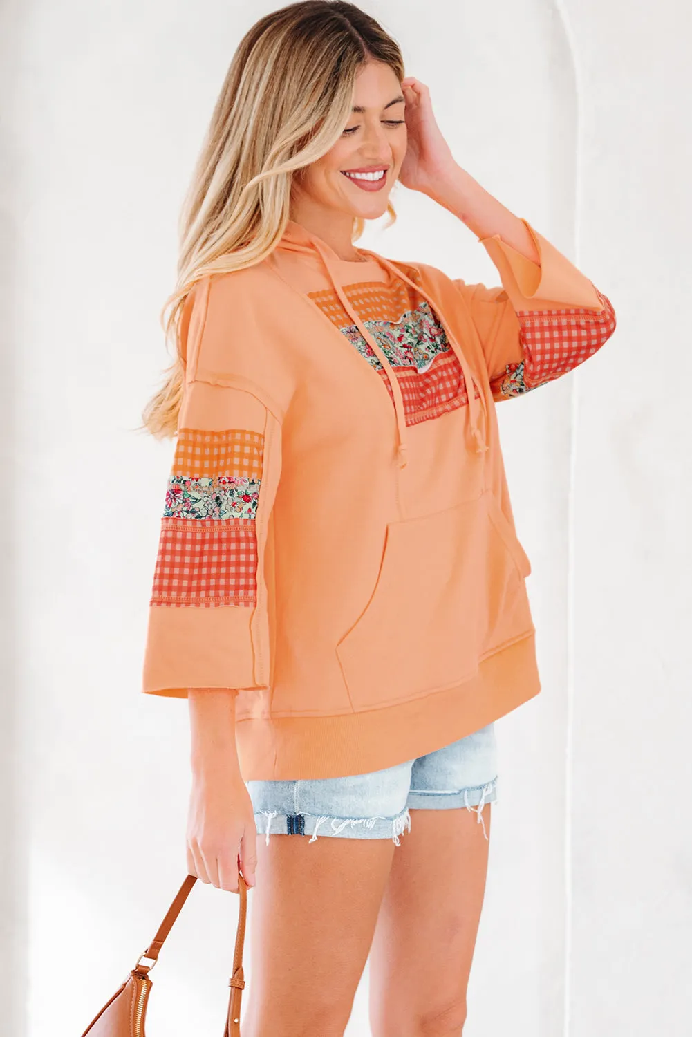 Plaid Floral Patchwork Kangaroo Pocket Hooded Long Sleeve Top sold by Beagle Boutique product image thumbnail 4