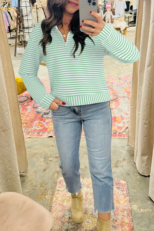Striped Quarter Zip Collar Long Sleeve Top sold by Beagle Boutique