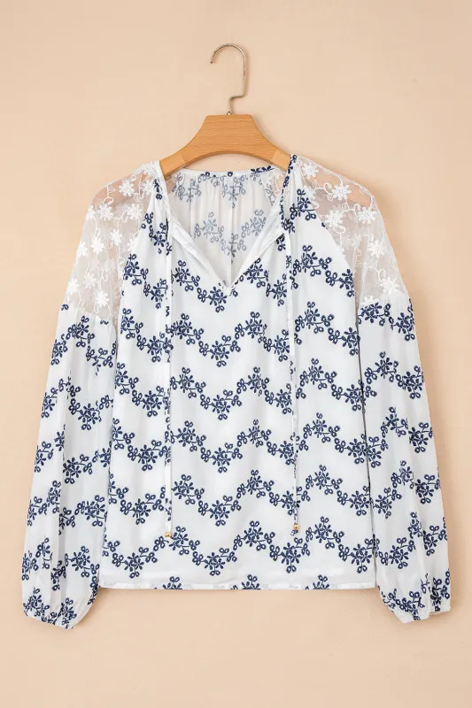 Lace Patchwork Floral Bubble Sleeve V-Neck Blouse sold by Beagle Boutique