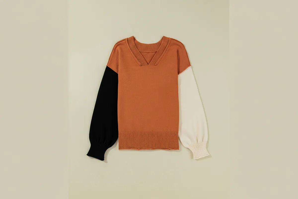 Colourblock Raw Edge Bubble Sleeve V-Neck Oversized Sweater made by Beagle Boutique
