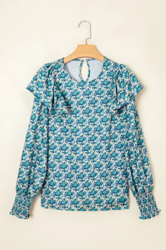Abstract Print Shirred Cuff Puff Sleeve Blouse made by Beagle Boutique