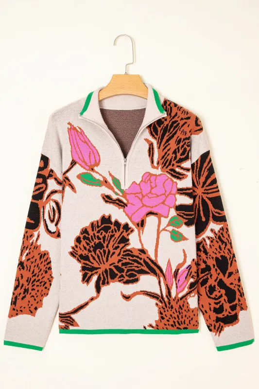 Floral Pattern Knit Quarter Zip Stand Neck Sweater sold by Beagle Boutique