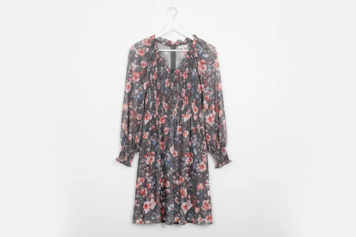 Frilly Smocked Bodice Floral Mesh Long Sleeve Mini Dress sold by Beagle Boutique