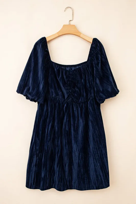 Velvet Ruched Bust Square Neck Short Puff Sleeve Plus Dress sold by Beagle Boutique