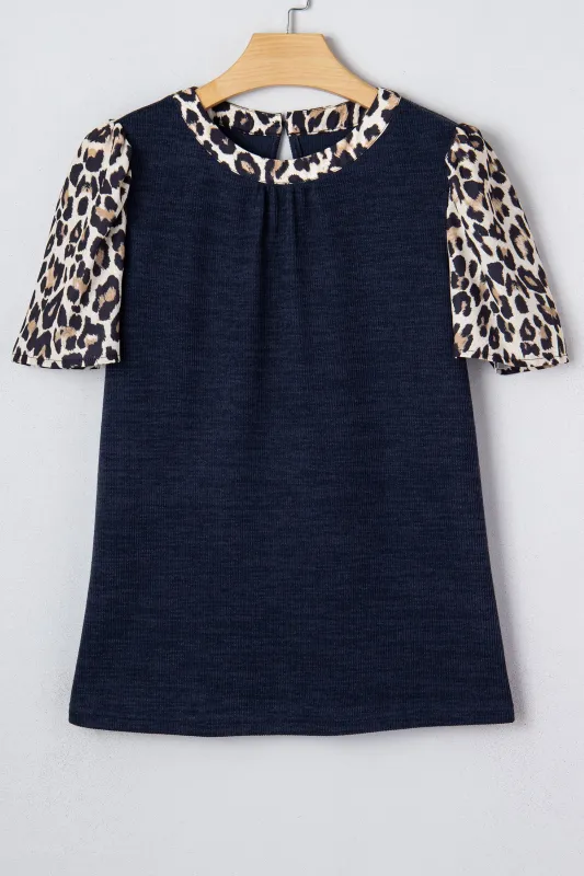 Contrast Leopard Short Sleeve Ribbed Top sold by Beagle Boutique