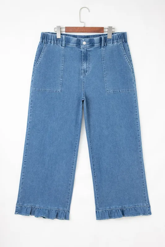 Plus Size Elastic Waist Ruffled Wide Leg Denim Jeans sold by Beagle Boutique