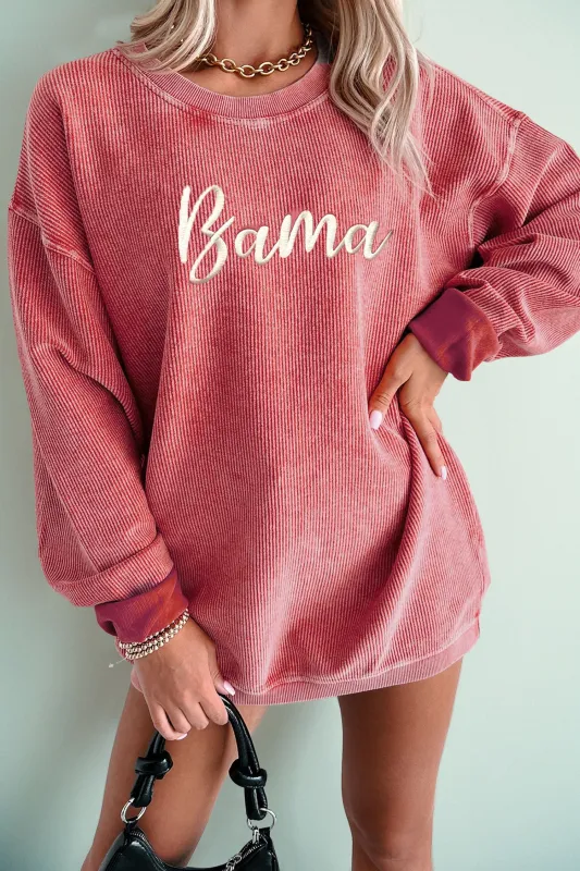 Pink Ribbed Bama Embroidered Letter Graphic Sweatshirt sold by Beagle Boutique