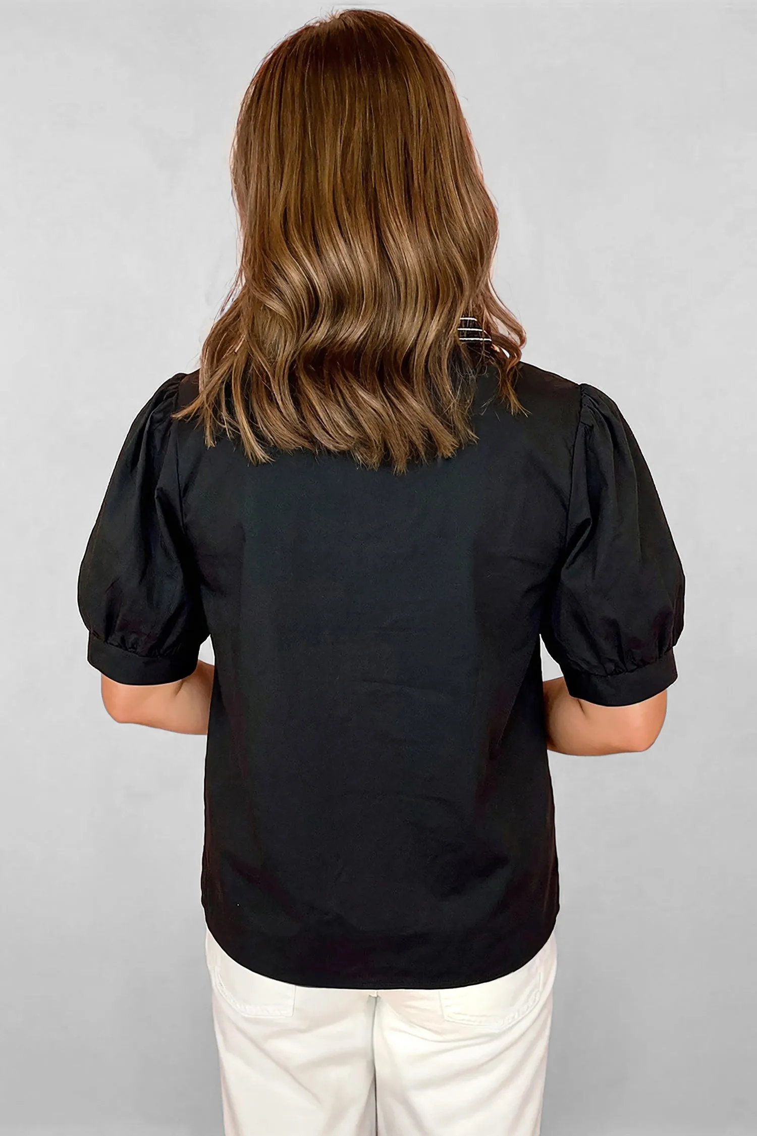 Short Puff Sleeve Contrast Embroidered Detail V-Neck Blouse sold by Beagle Boutique product image thumbnail 2