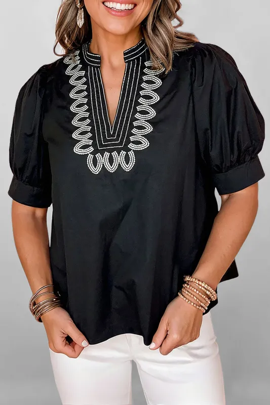 Short Puff Sleeve Contrast Embroidered Detail V-Neck Blouse made by Beagle Boutique
