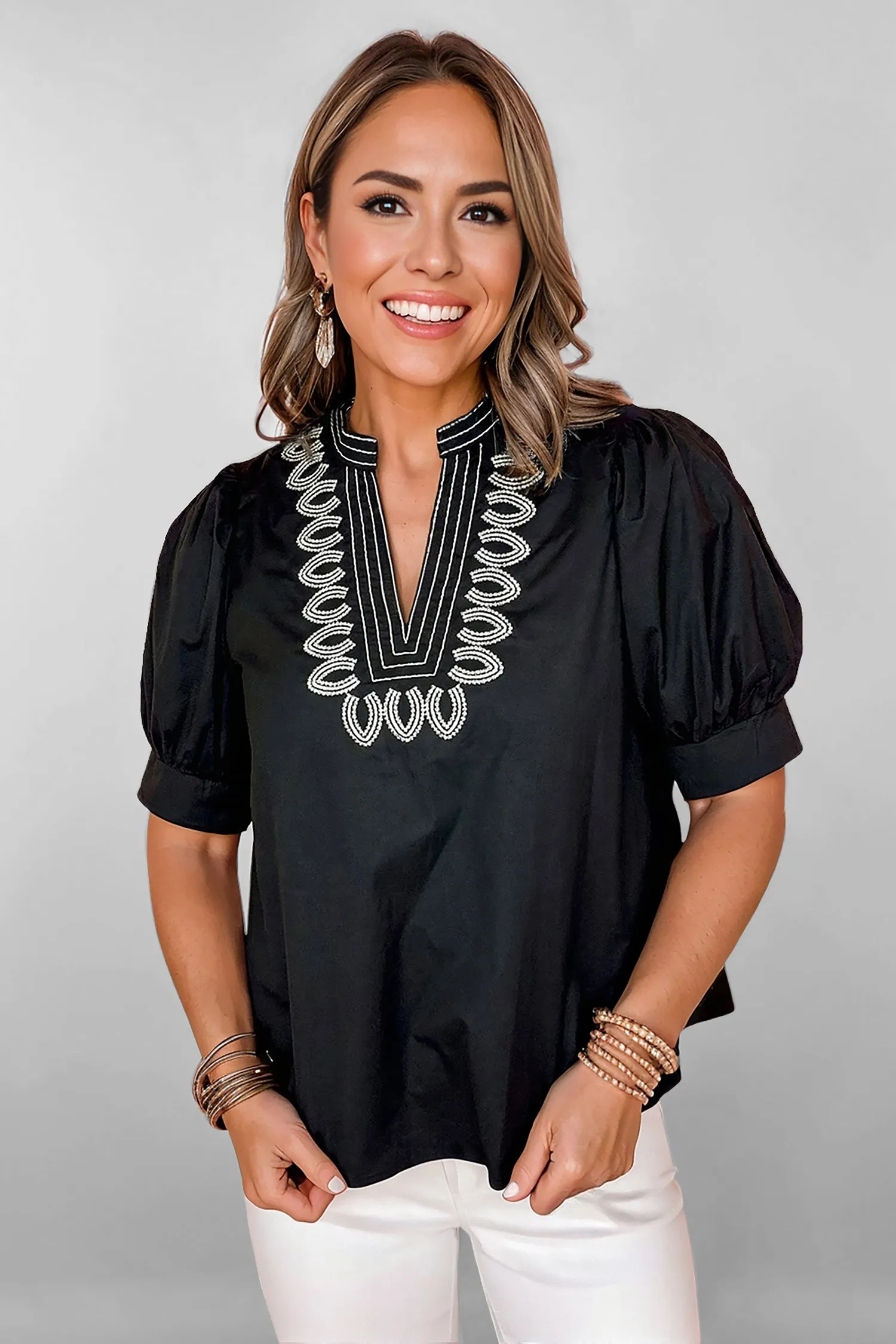 Short Puff Sleeve Contrast Embroidered Detail V-Neck Blouse sold by Beagle Boutique product image thumbnail 5