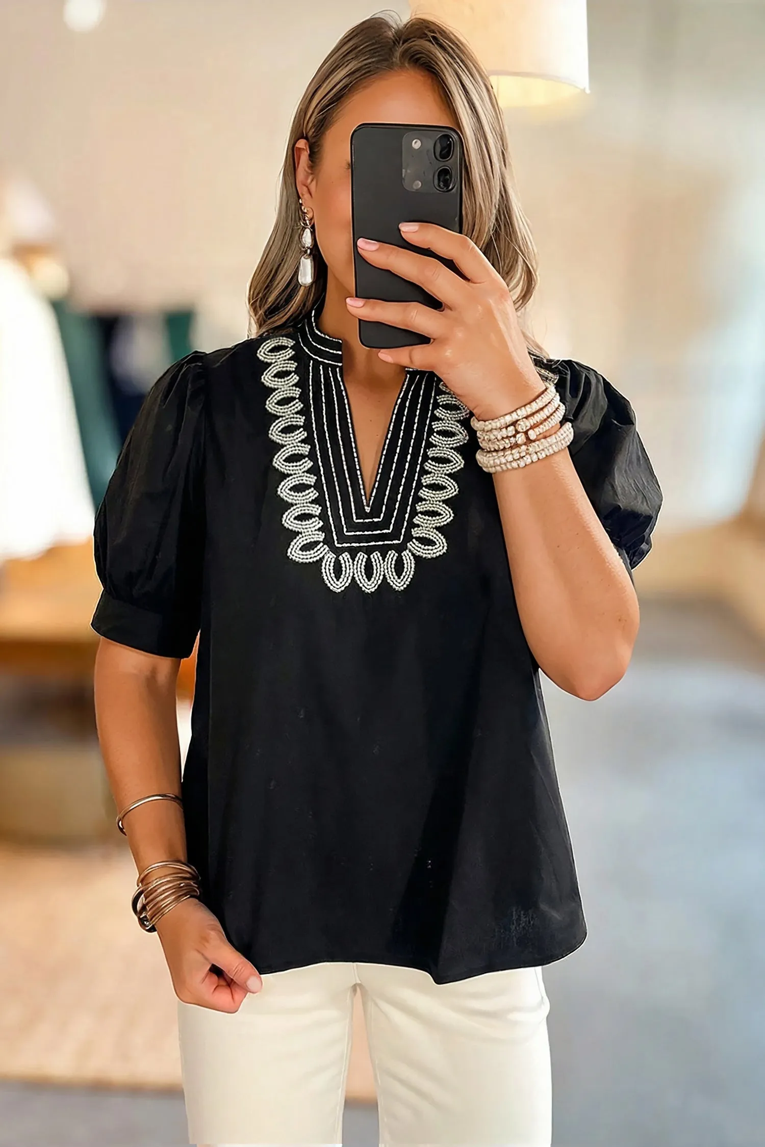 Short Puff Sleeve Contrast Embroidered Detail V-Neck Blouse sold by Beagle Boutique product image thumbnail 4