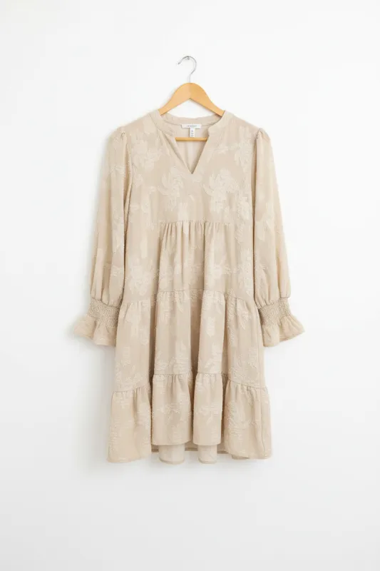 Long Sleeve Notched Neck Jacquard Tiered Mini Dress sold by Beagle Boutique