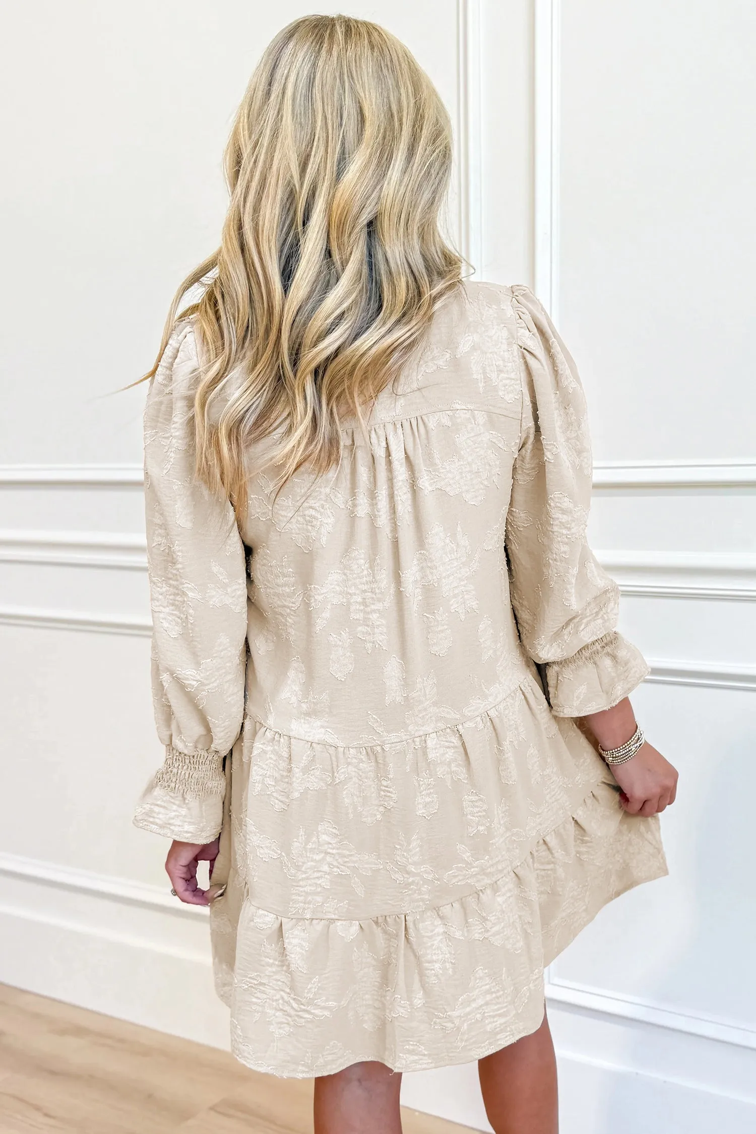 Long Sleeve Notched Neck Jacquard Tiered Mini Dress sold by Beagle Boutique product image thumbnail 3