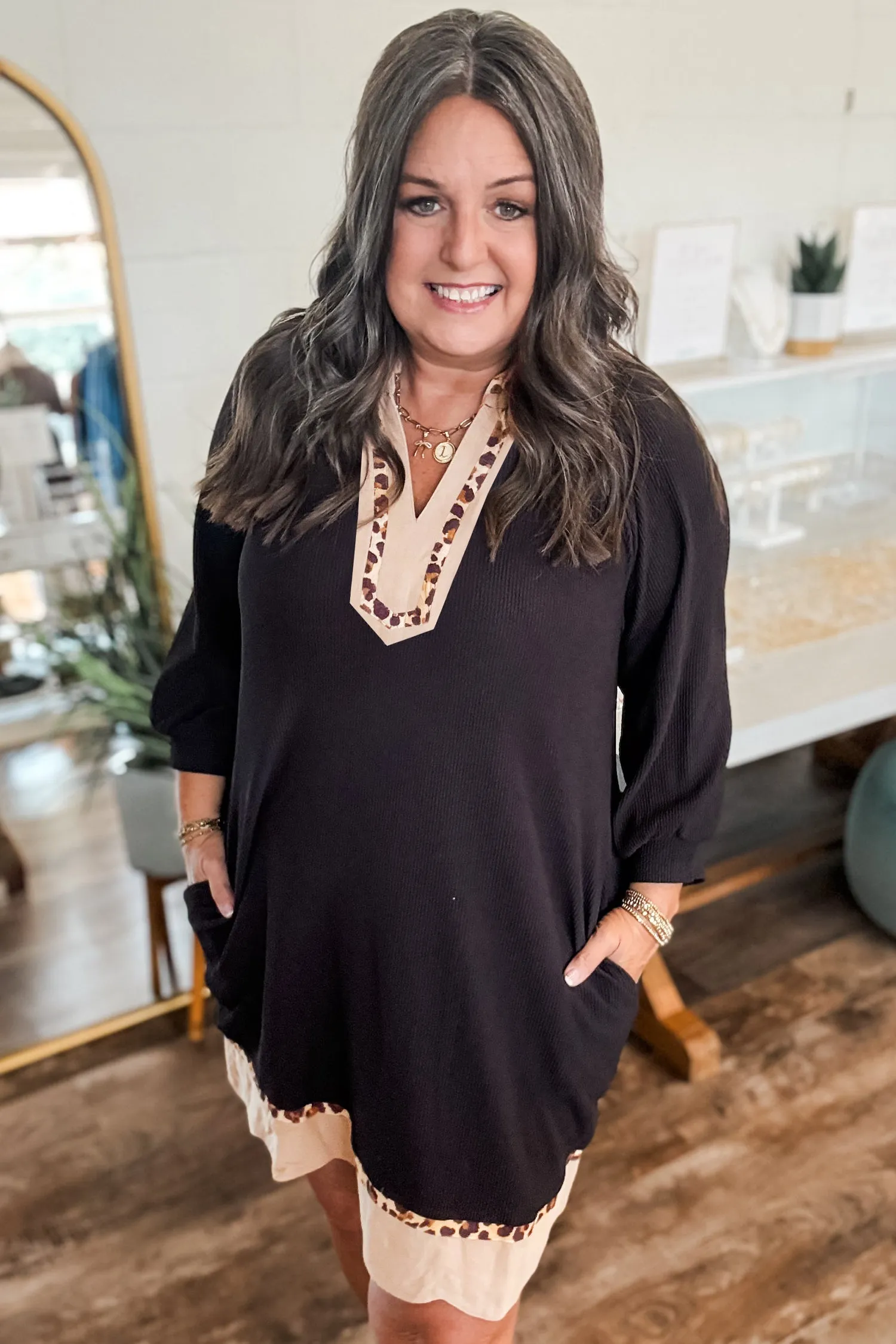 Black Contrast Leopard Trim Plus Size Ribbed Dress sold by Beagle Boutique product image thumbnail 3