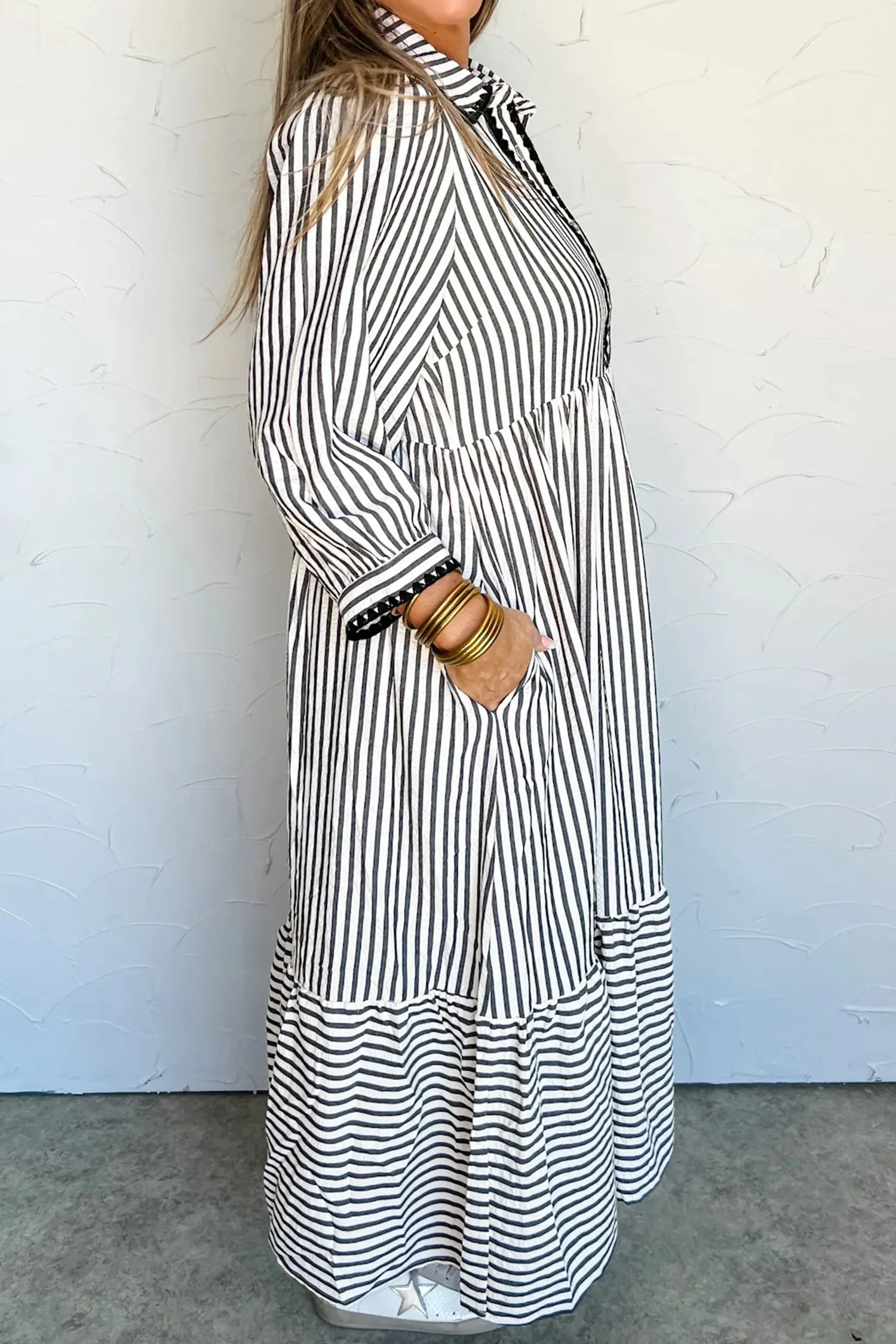 Stripe Scallop Trim Shirt Collar 3/4 Sleeve Maxi Dress sold by Beagle Boutique product image thumbnail 2