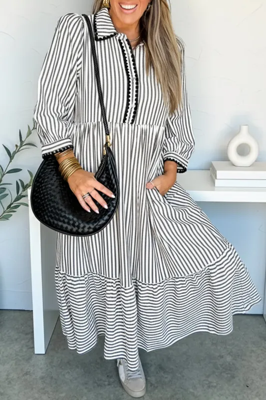 Stripe Scallop Trim Shirt Collar 3/4 Sleeve Maxi Dress made by Beagle Boutique