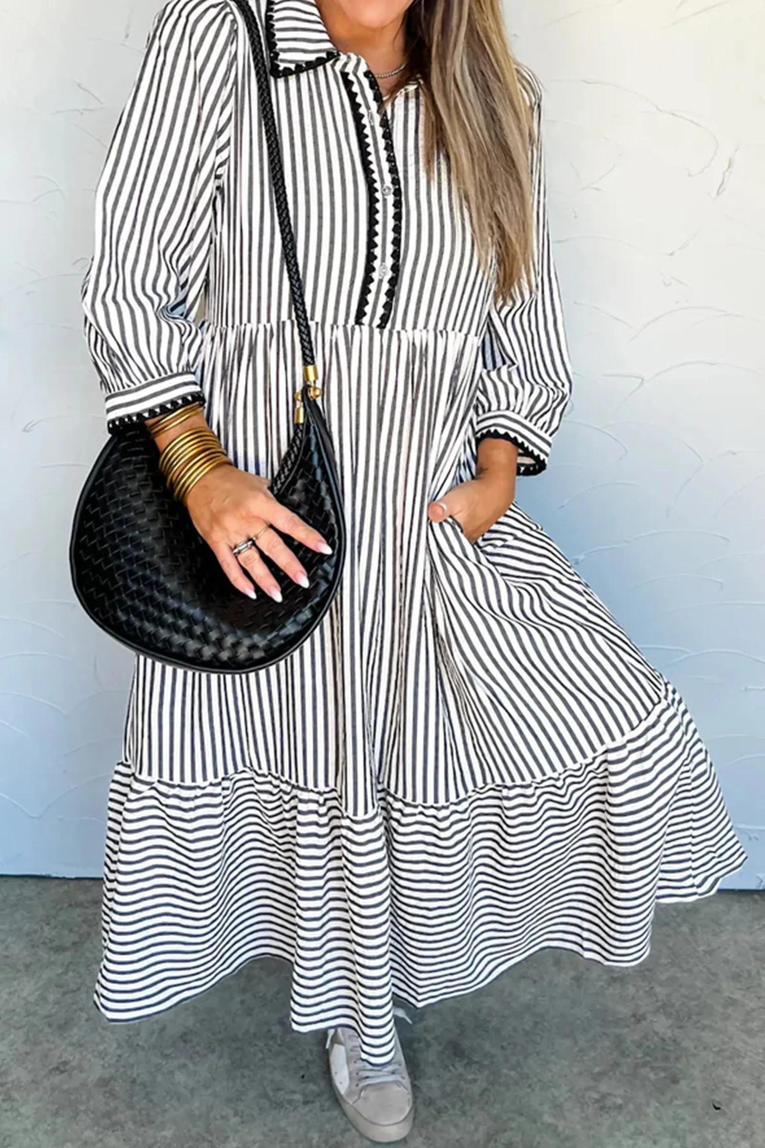 Stripe Scallop Trim Shirt Collar 3/4 Sleeve Maxi Dress sold by Beagle Boutique product image thumbnail 4