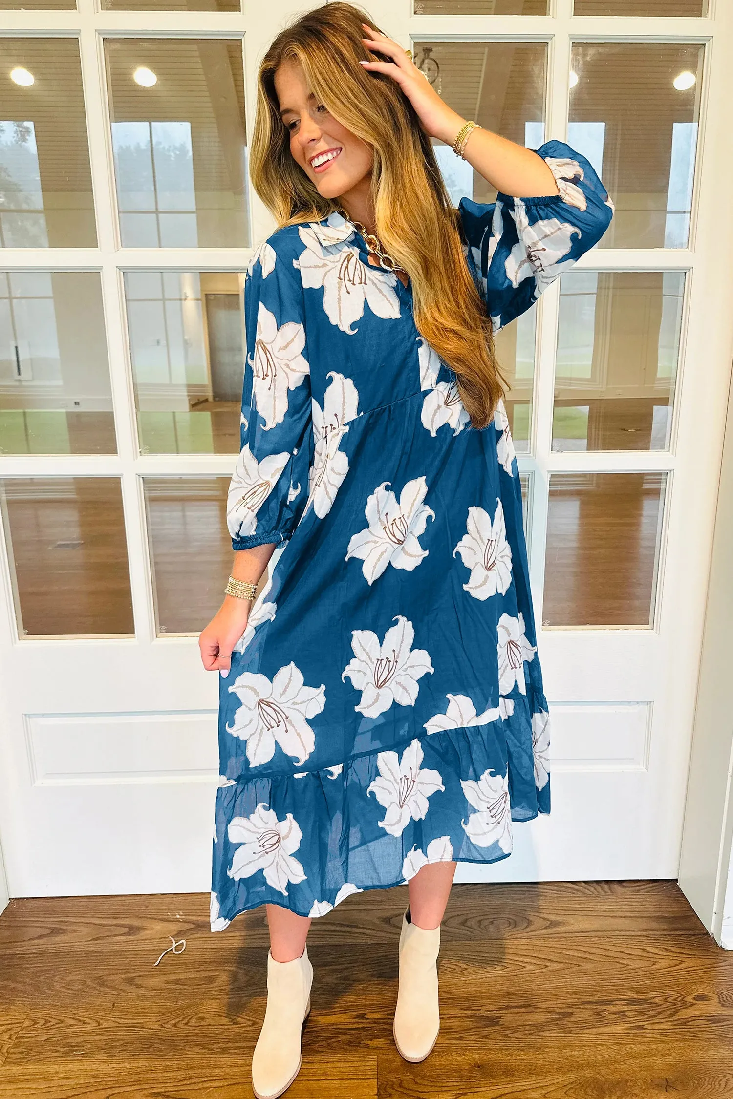 Floral Print Shirt Collar V-Neck 3/4 Sleeve Shift Midi Dress sold by Beagle Boutique product image thumbnail 3