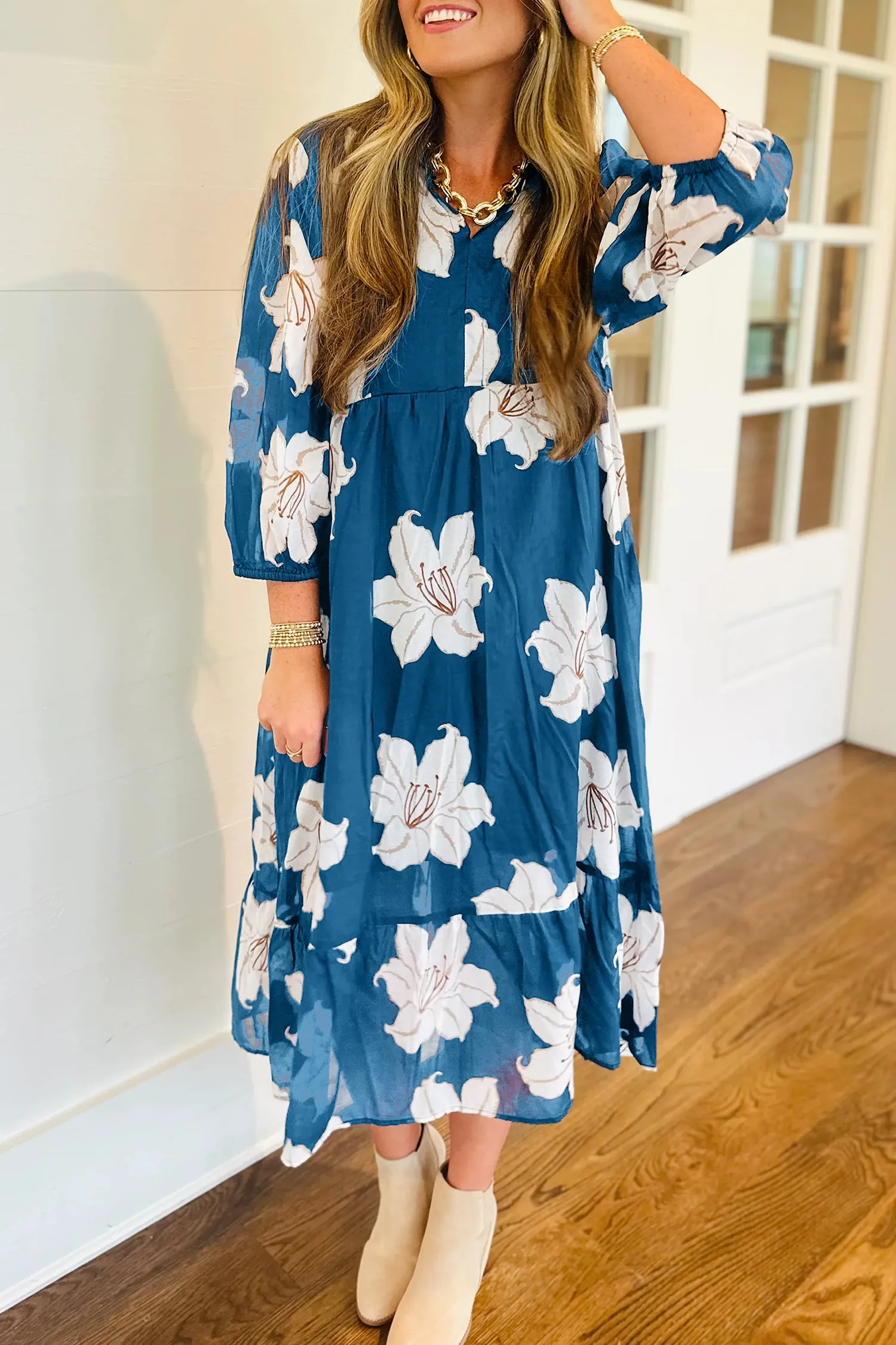 Floral Print Shirt Collar V-Neck 3/4 Sleeve Shift Midi Dress sold by Beagle Boutique product image thumbnail 2
