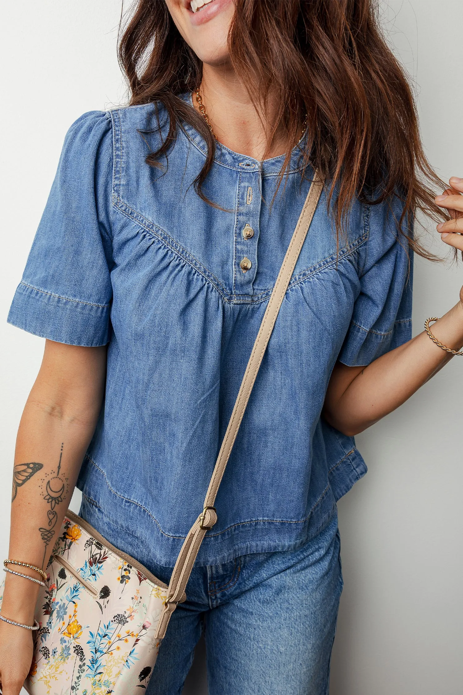 Seam Pleated Detail Half Button Short Sleeve Denim Blouse sold by Beagle Boutique product image thumbnail 5
