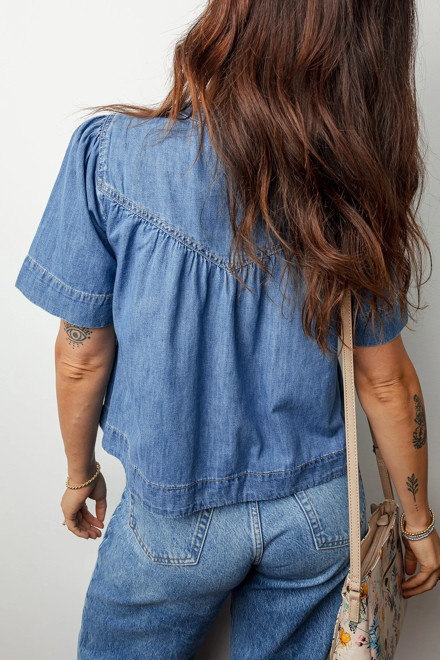 Seam Pleated Detail Half Button Short Sleeve Denim Blouse sold by Beagle Boutique product image thumbnail 2