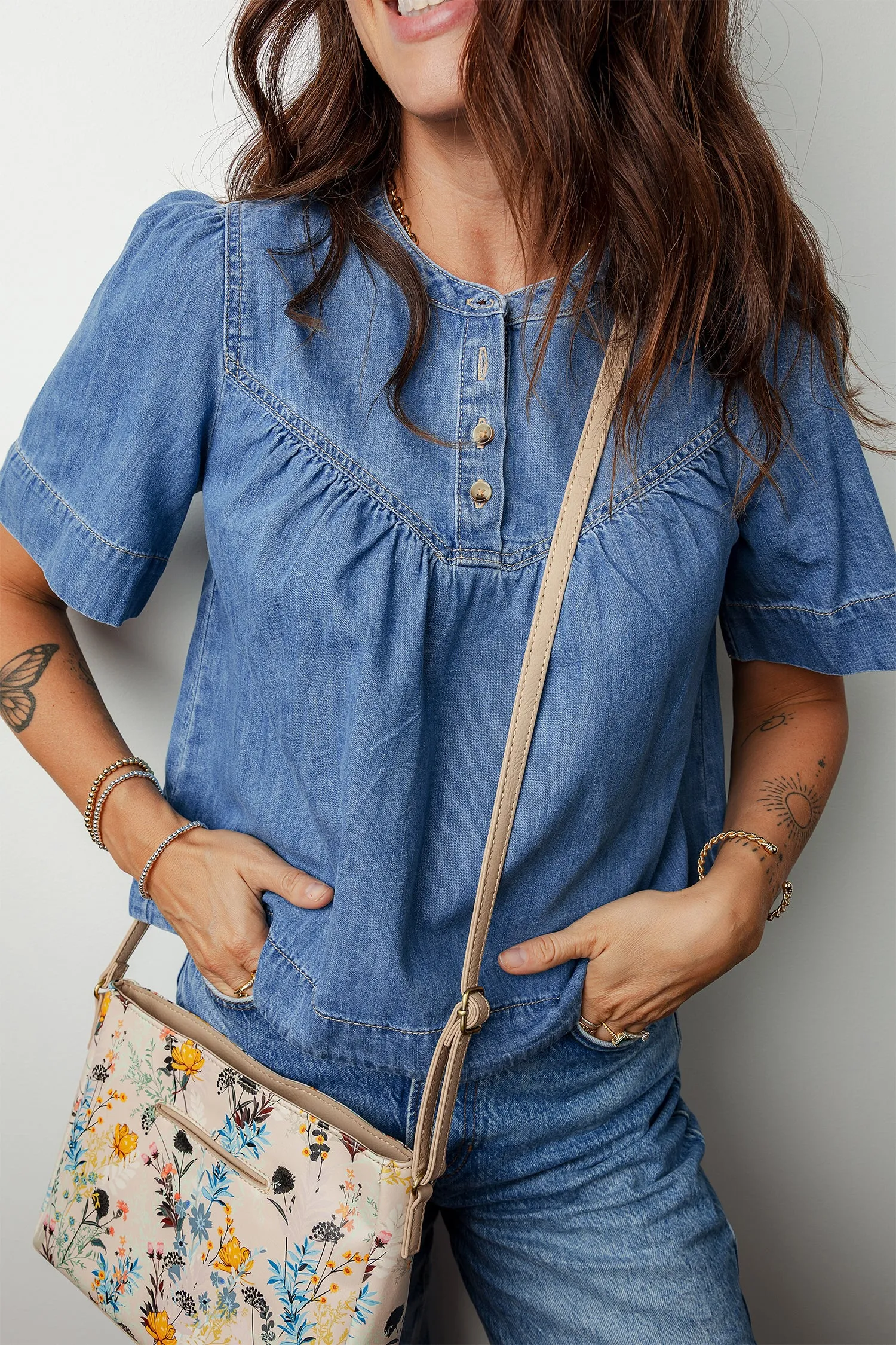 Seam Pleated Detail Half Button Short Sleeve Denim Blouse sold by Beagle Boutique product image thumbnail 4