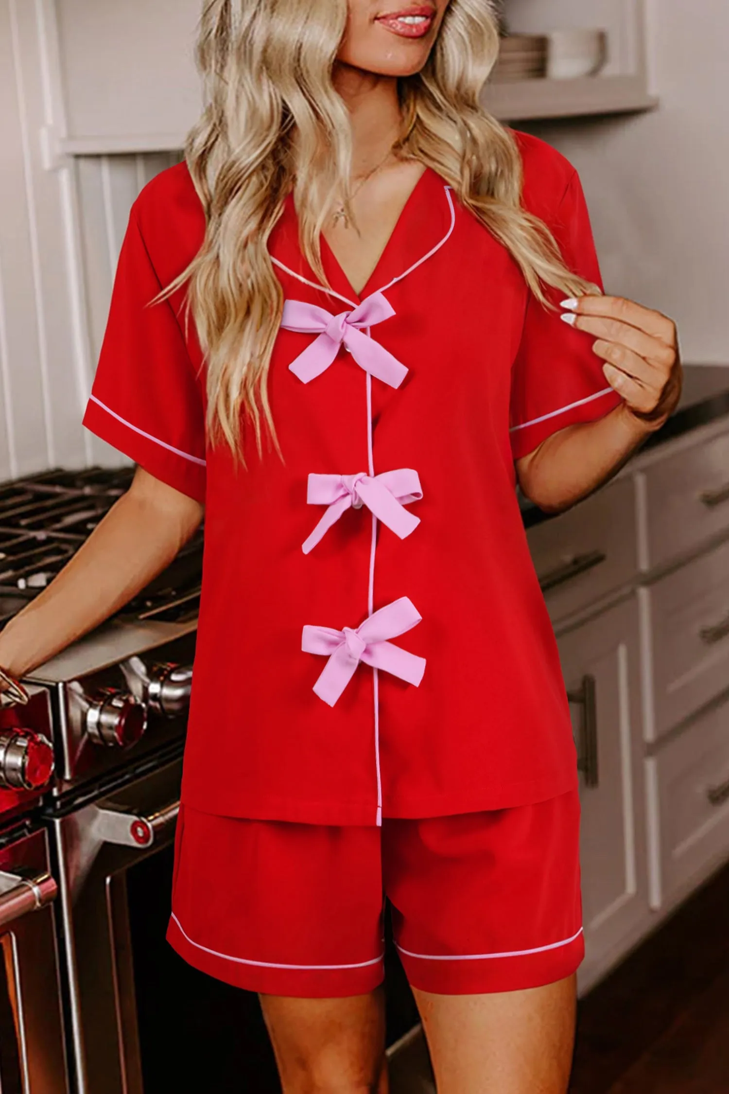 Red Contrast Trim Ribbon Bow Short Pyjama Set sold by Beagle Boutique