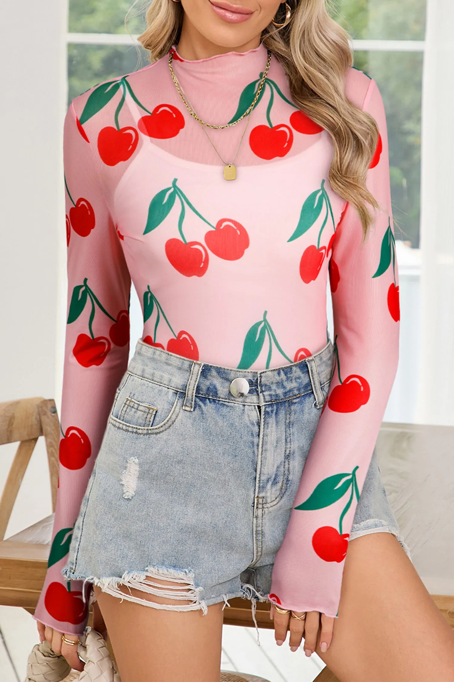 Pink Cherry Print Lettuce Trim Long Sleeve Mesh Top sold by Beagle Boutique product image thumbnail 3