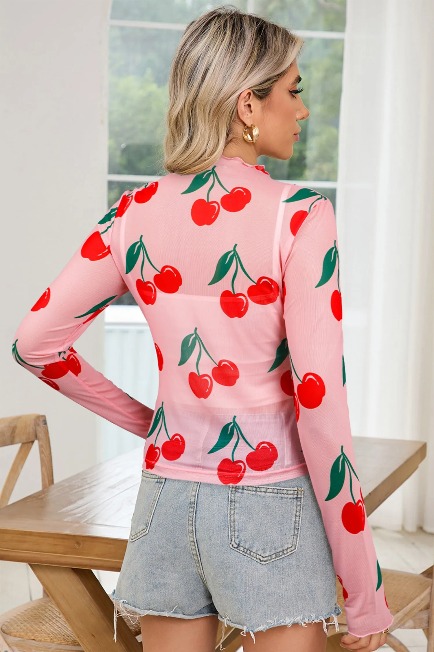 Pink Cherry Print Lettuce Trim Long Sleeve Mesh Top sold by Beagle Boutique product image thumbnail 2