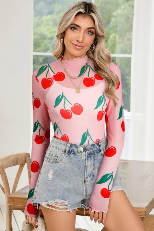 Pink Cherry Print Lettuce Trim Long Sleeve Mesh Top sold by Beagle Boutique